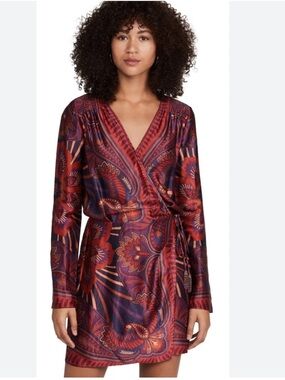 Farm Rio Macaw Arabesque Mini Dress Women’s XL Satin Long Sleeve Tropical Y